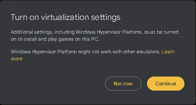 google play games beta turn on hardware virtualization