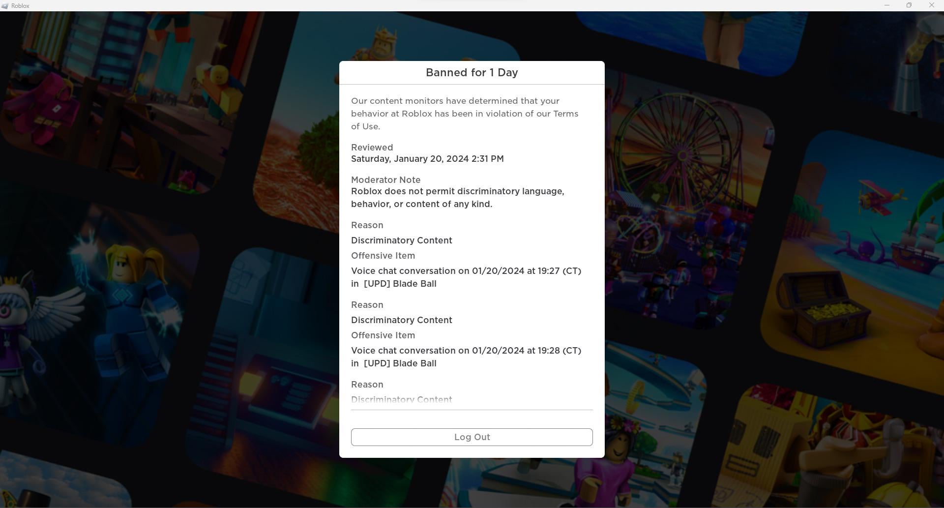 cant log out of banned roblox account